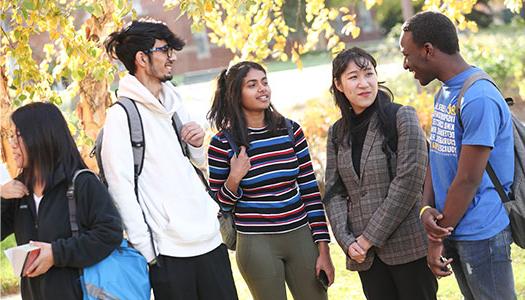 Group of 5 international students talking outside in the fall